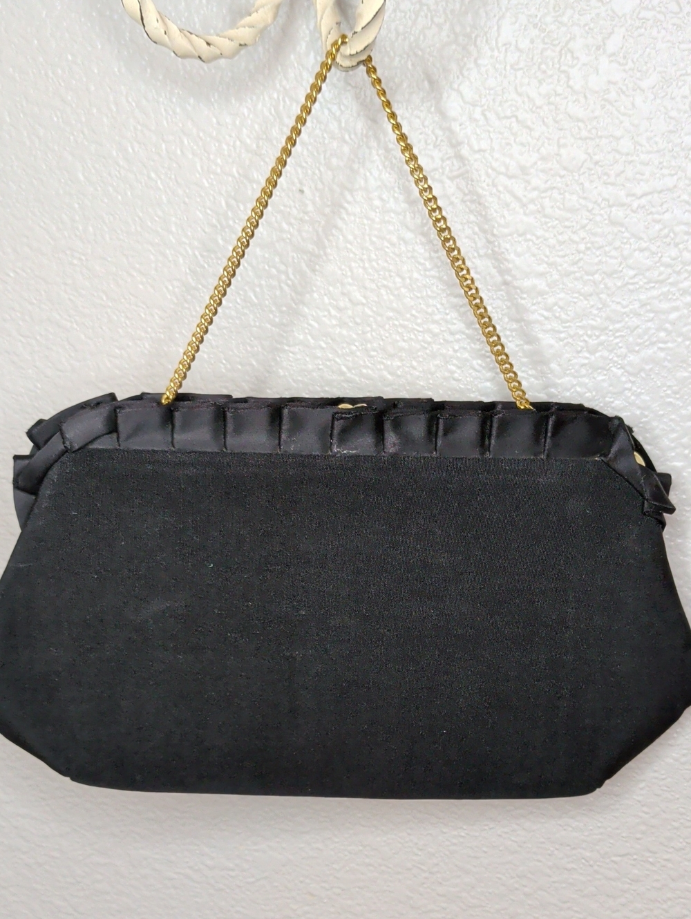Vintage 50s Harry Levine Black Satin Evening Bag Ruffled Kisslock Formal Purse